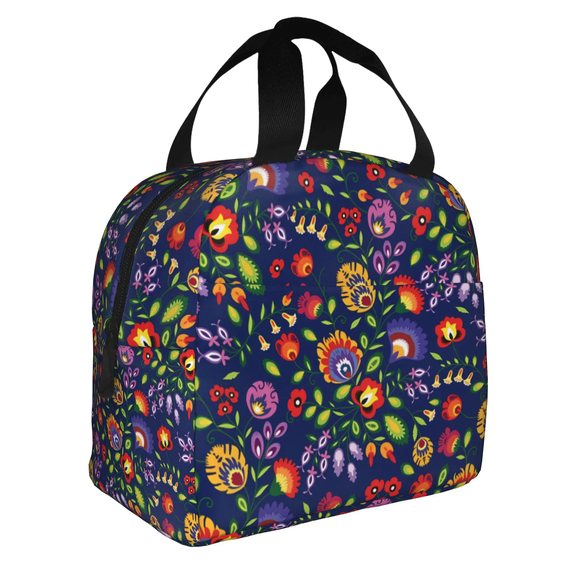 Folk Flowers  Polish Floral   Resuable Lunch Box Women Leakproof  Thermal Cooler Food Insulated Lunch Bag School