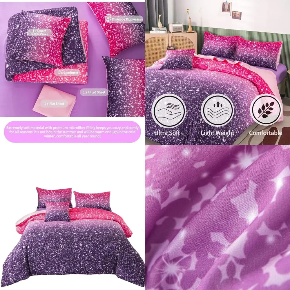 

Комплект постельного белья размера «queen-size» от розового до фиолетового цвета с градиентом и блестками для подростков и девочек, тема с ярким радужным блеском