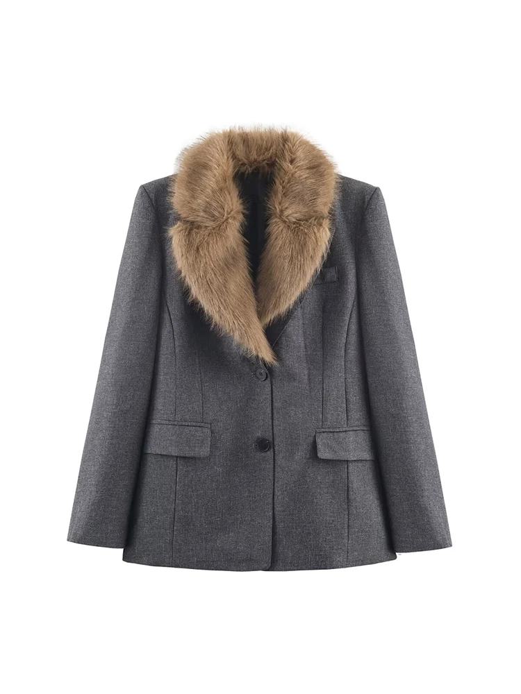 

New European-style women's fashion, versatile and elegant, slim-fitting blazer jacket with a faux fur effect collar.