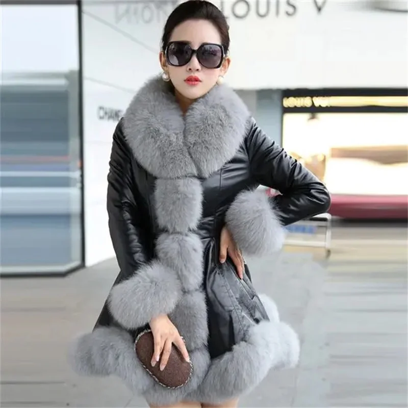 Size 6XL Women\'s Clothing Autumn Winter Imitation Fox Fur Big Fur Collar Thick Warm Female\'s Leather Jacket Slim Fur Coat