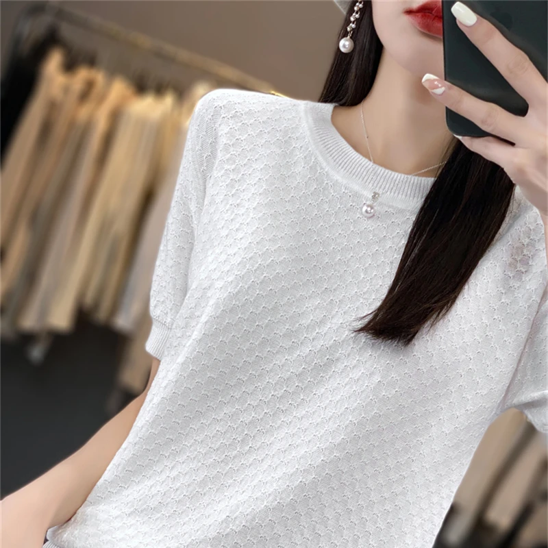 Women's T-shirt Summer 100% Cotton Sweater Short Sleeve Solid Color Round Neck Ladies Tops Loose Blouse Basic Pullover Tees