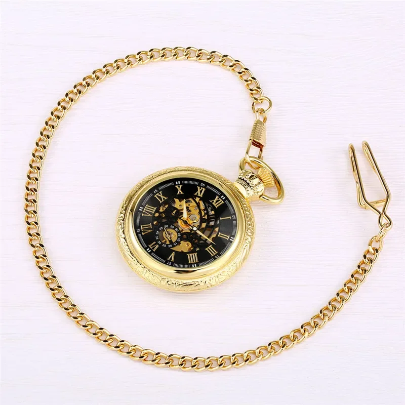 Luxury Yellow Gold Unisex Handwinding Mechanical Pocket Watch Roman Number Display Luminous Hands Pendant Chain Gift