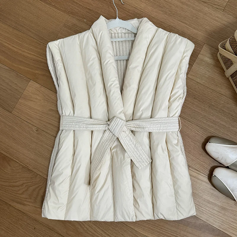 Schinteon Vrouwen 90% Witte Eendendons Breiwol Vest Herfst Winter Warme Mouwloze Jas Koreaanse Stijl Luxe Top 2024 Nieuwe