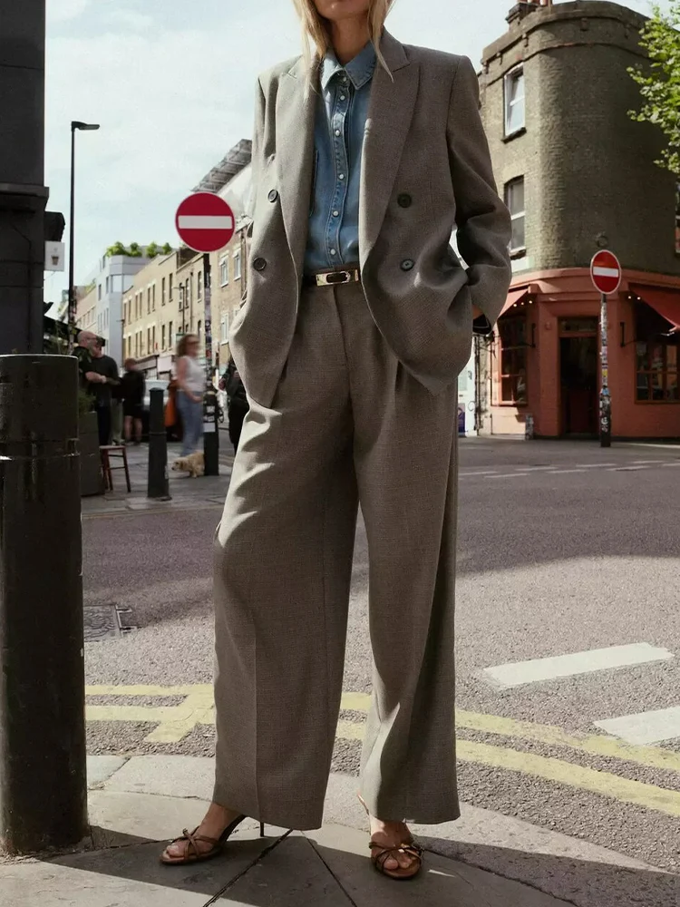 

Новая модная женская одежда в европейском и американском стиле с лацканами и длинными рукавами с подплечниками, двубортный пиджак, брюки