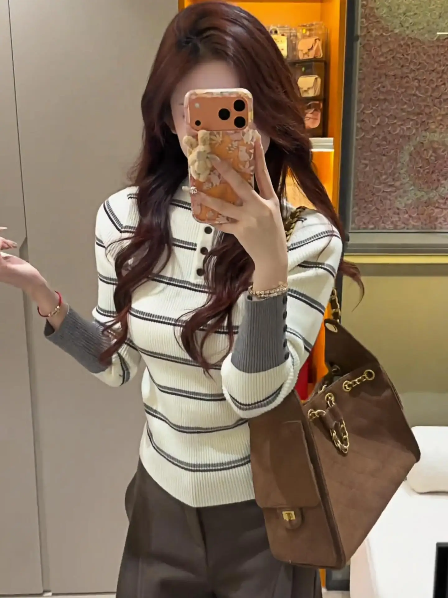 

Faionable Knitted Woolen Base Layer Top Women's Autumn Winter f High Collar Warm Inner Wear Striped Patchwork Color Blo