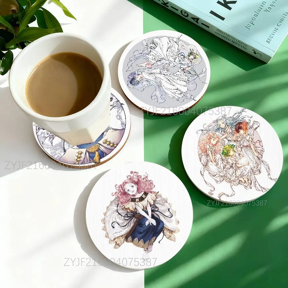

W-Witch Hat Atelier Anime Round Wooden Coasters Heat Resistant Non-slip Drink Cafe Decoration 2D Flat Color Print Set