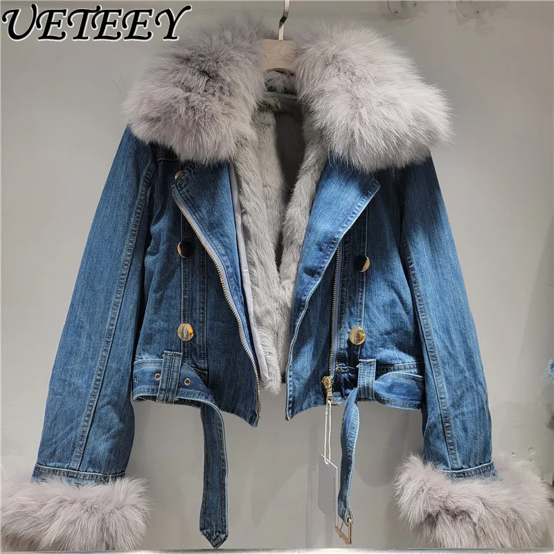 

2025 Winter New High-End Luxury Fox Fur Collar Rabbit Fur Lining Denim Jacket Metal Buckle Warm Short Jean Coat Parkas Women