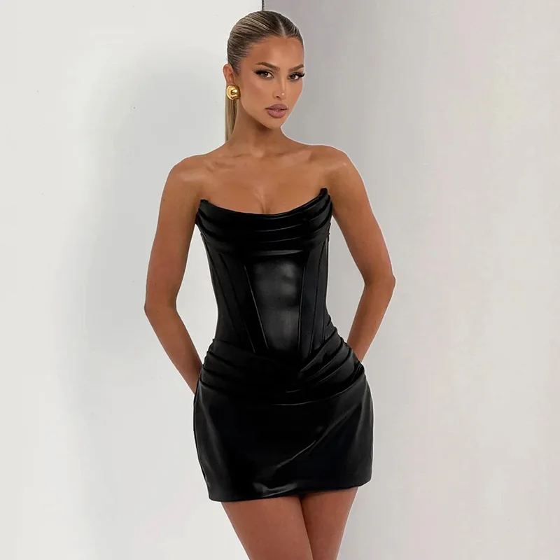 

Typhaland Sexy PU Fishbone Strapless Dress For Women Elgant Plunge Pleated Slim Mini Dress Hot Girl Streetwear Club Party Dress