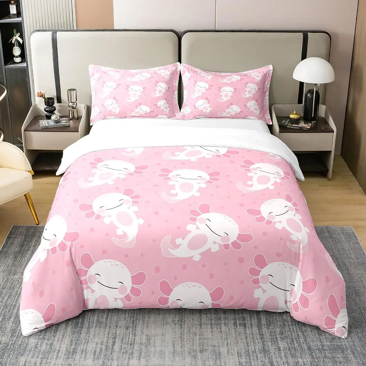 

Cartoon Axolotl Bedding Set Twin Full Size Cute Ocean Animal Duvet Cover with 2 Pillow Sham Pink Comforter Cover Set Decorative