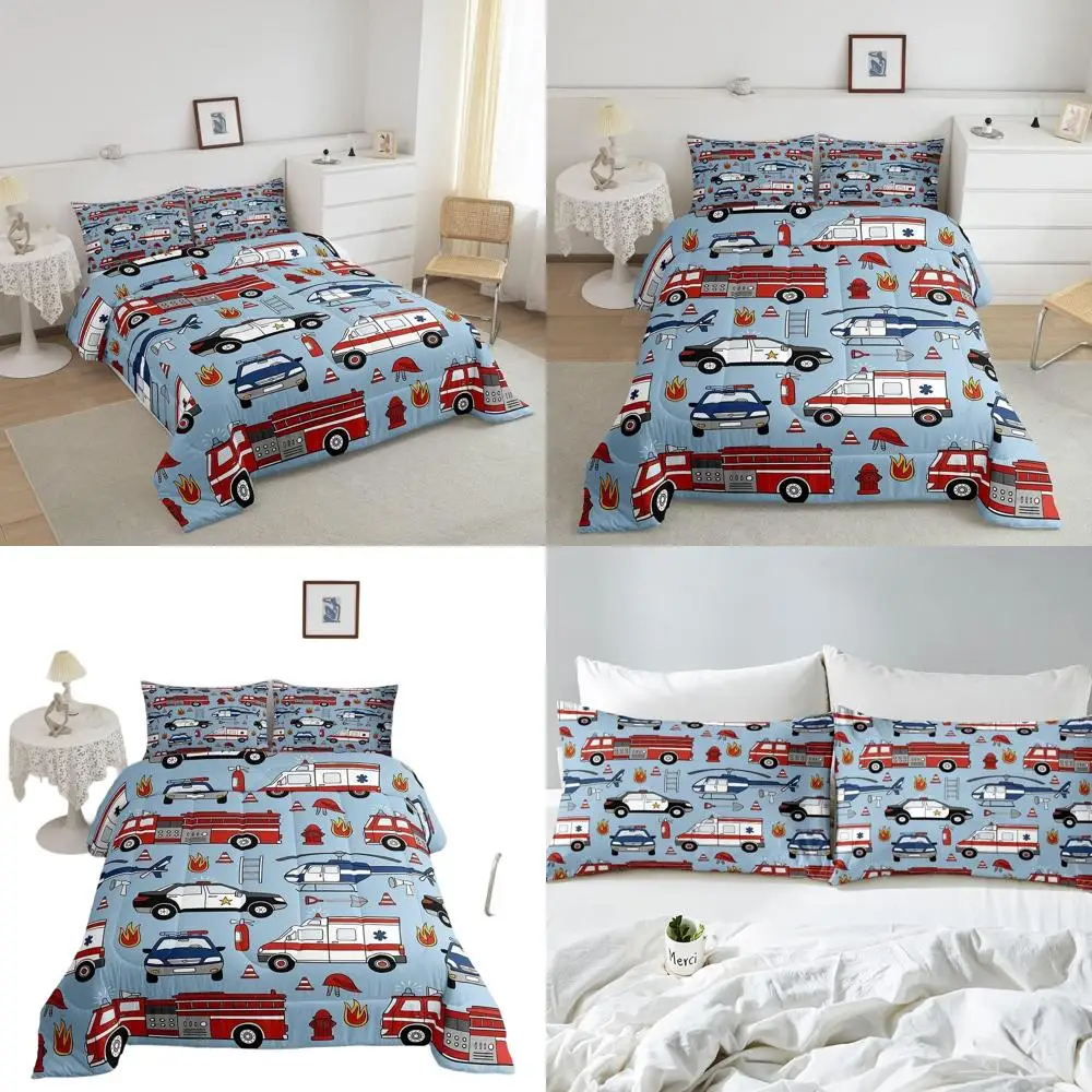 

Red Fire Truck and Airplane Themed Comforter Set for Boys, Full Size with 2 Pillowcases