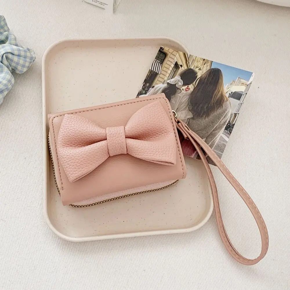 

Простой короткий кошелек из искусственной кожи с бантом, корейский стиль, кошелек для монет, тройной складной кошелек, многофункциональная сумка для карт, держатель для карт для девочек