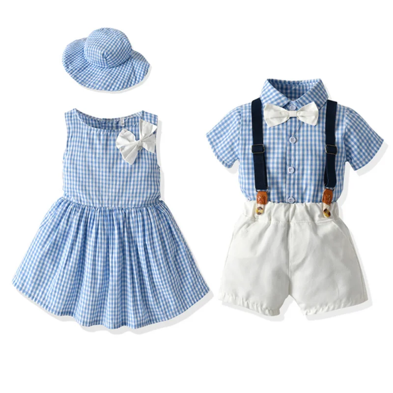 

Summer Japanese-style brother and sister outfits New style boys' short-sleeved shirt with suspender shorts Girls' dress comes wi
