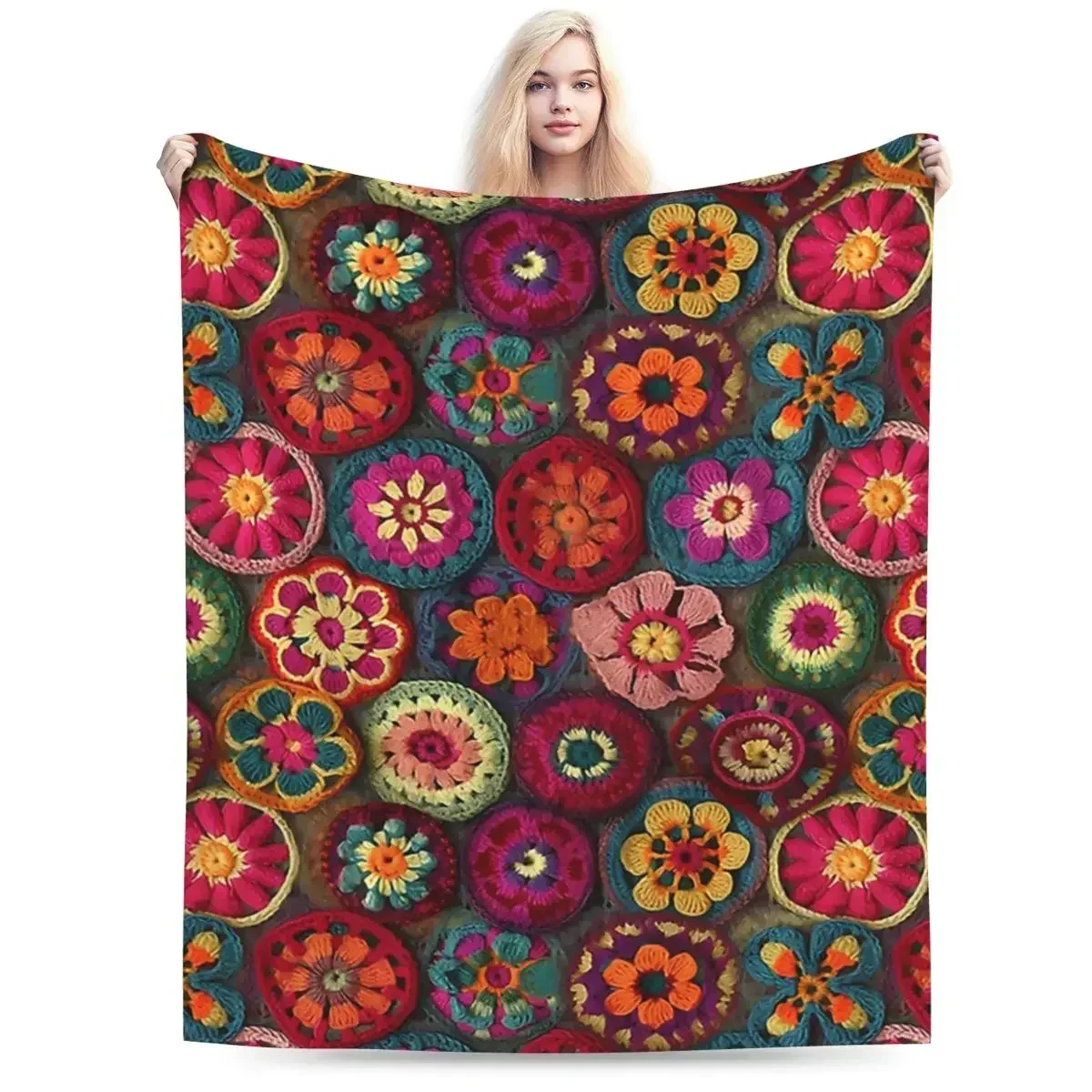 Colourful Crochet Blanket Soft Warm Flannel Throw Blanket Plush for Bed Living room Picnic Travel Home Couch