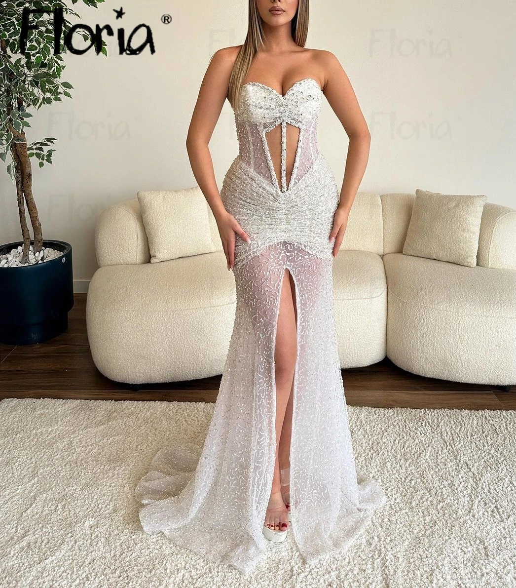 Glitter White Beads Party Dress Arabic Front Side Corset Illusion Waist Bride Gowns Women Formal Celebrity Gowns Pleated Robe