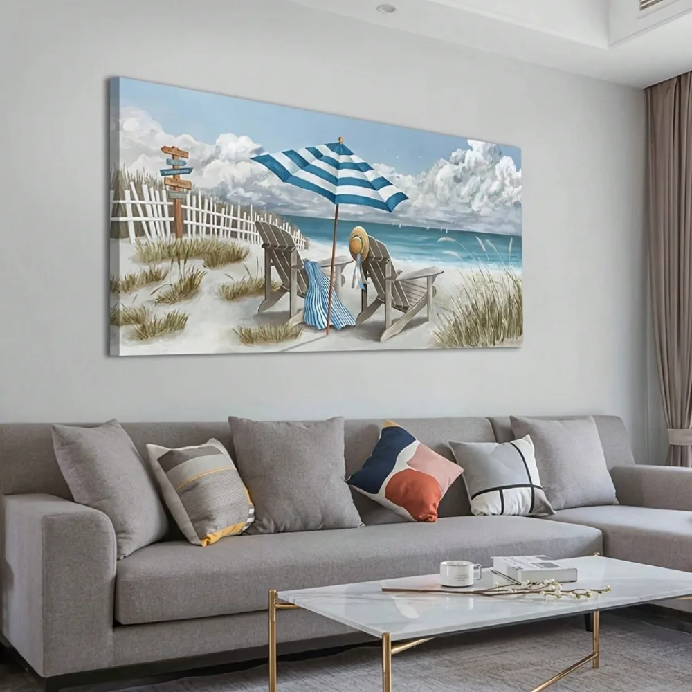 

1pc Large Beach Canvas Art,Blue Sky/White Cloud/Ocean,Peaceful Sea Life,Vintage Style,Home/Office Decor,Ready to Hang