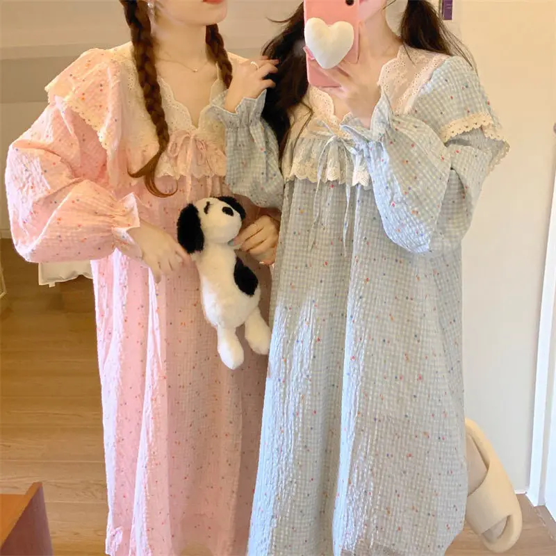 Piyama Lengan Panjang Bunga Renda Musim Semi Musim Gugur Versi Korea Baru Gaun Malam Pakaian Rumah Gaya Putri untuk Pakaian Wanita