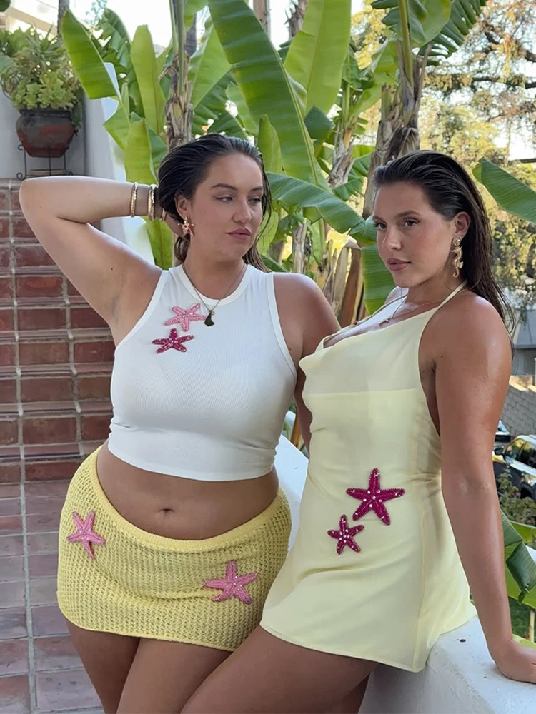 BWQ เซ็กซี่ Slim Mini ชุดกระโปรงผู้หญิงแขนกุดปลาดาวพิมพ์เสื้อกั๊กเลื่อมสะโพกกระโปรงชุดฤดูร้อน Chic Beach Lady ชุด