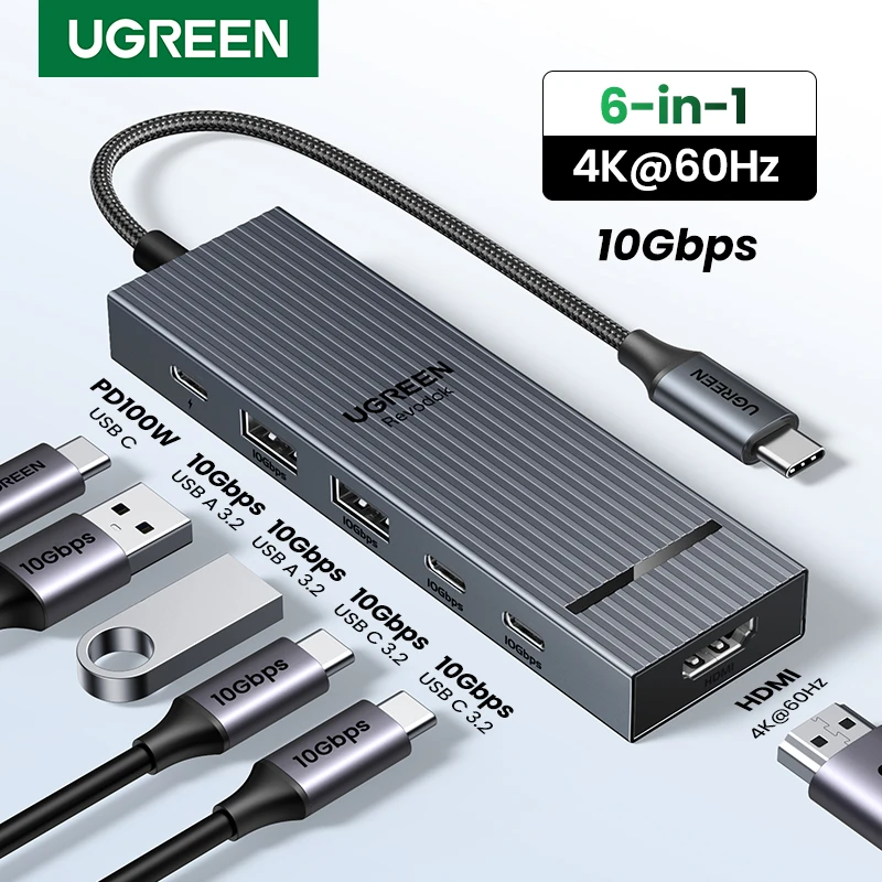 

UGREEN USB C HUB 10Gbps 4K60Hz HDMI USB3.2 PD100W USB Splitter for Laptop Macbook Pro Air iPad Phone Android Docking Station