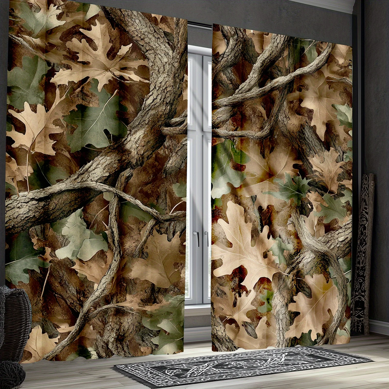 Fall Autumn Leaves Forest Curtains Drapes Window Decor Woodland Nature Prints Pair Rustic Beige Brown Boho Style Home Accent