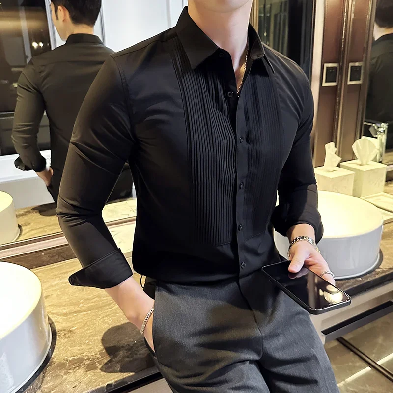 Wedding Party Wear Long Sleeved Men\'s Dress Shirts Korean Patchwork Design Slim Men Formal Shirt Fashion Brand Camisas De Hombre