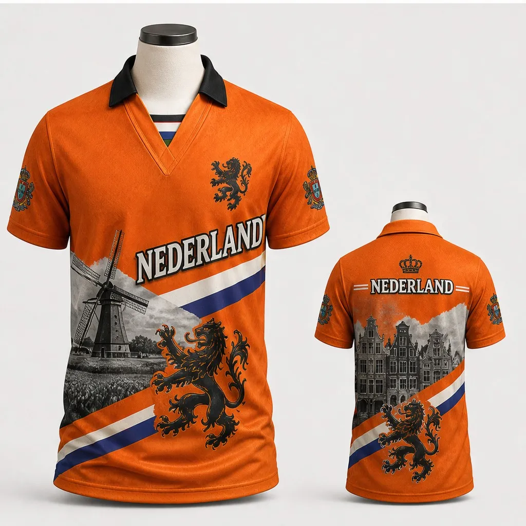 Mens Nederland Windmill Lion Cityscape Graphic Semi Polo V Neck T Shirt Short Sleeve Casual Orange Dutch Pride Jersey Top Design