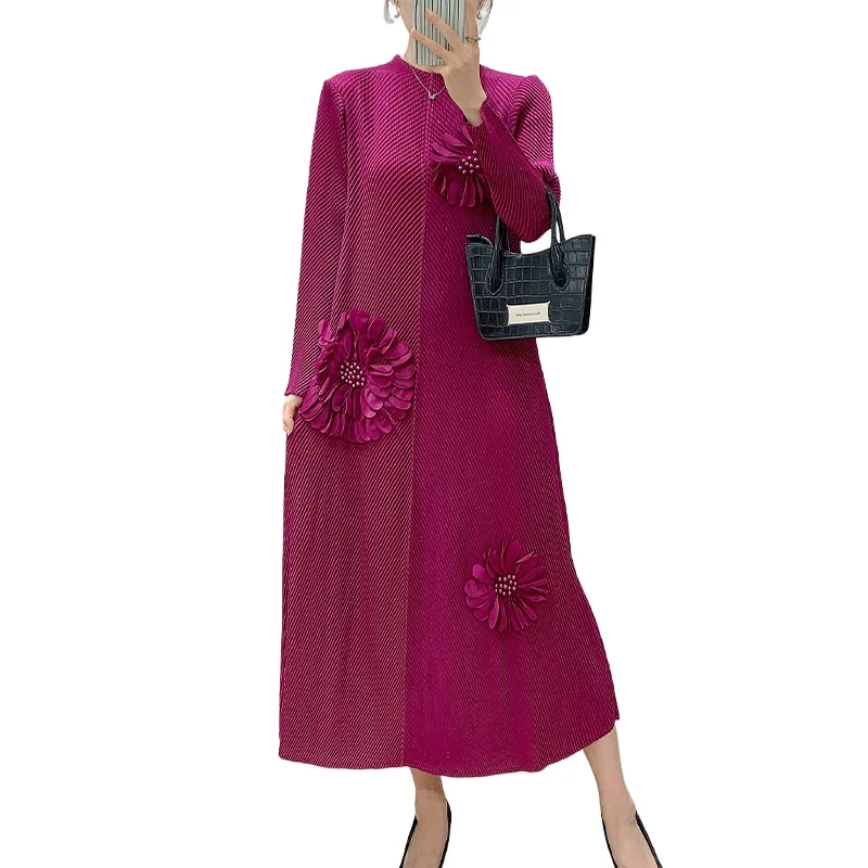 

Miyakaya Style Pleated Dress for Women 2025 Summer New Style Handmade Plaid Flower Order Round Neck Long Sleeve Pleated Skirt