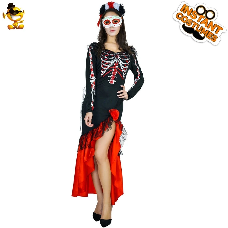 Womens Day Of Dead Senorita Costumes Halloween Purim Skeleton Clothing Cosplay Fancy Dress Ladies Scary Clothing