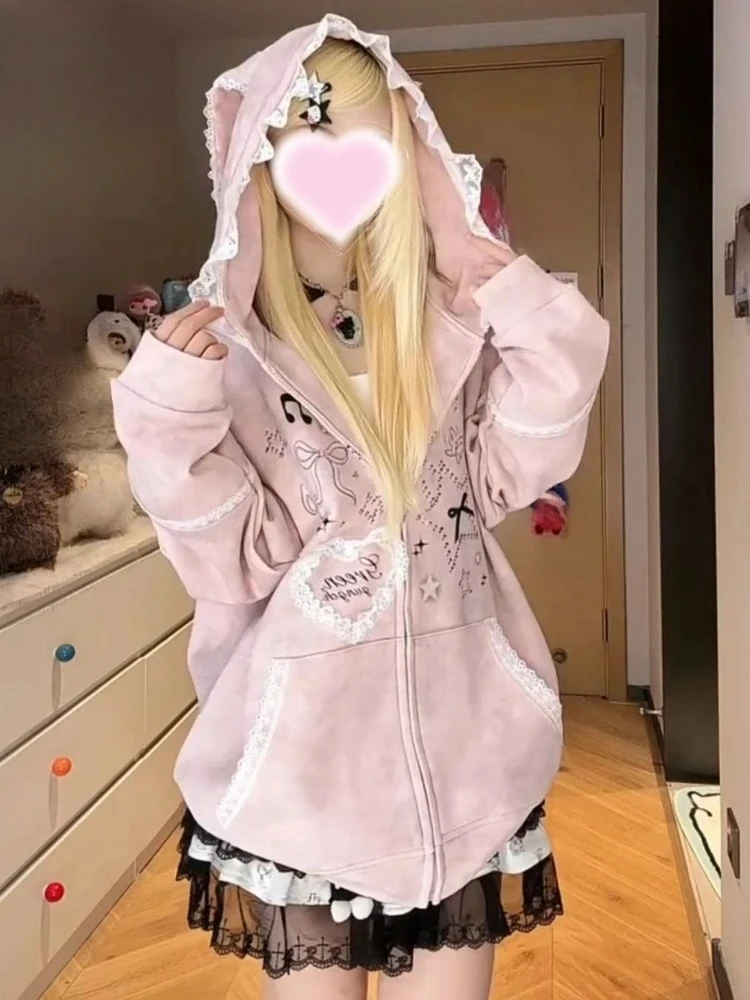 

Japanese Sweet Loose Print Hoodie Women Coat Kawaii Long Sleeve Zipper Hooded Slim Fit Tops Female Casual Cardigan Autumn New