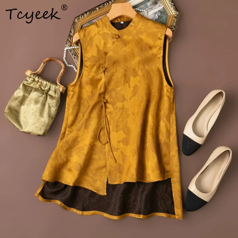 

Tcyeek 100% Real Mulberry Silk Women's Tanks 2026 Summer Breathable Artistic Chinese-style Golden Vests Woman Clothes Ropa Mujer