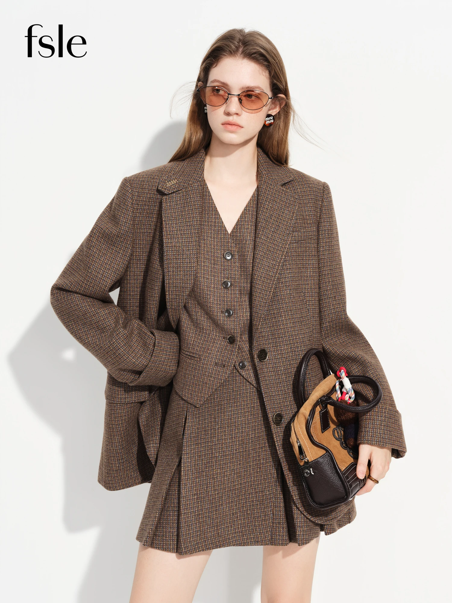 Premium Women's Brown Wool Checkered 3-Piece Suit Set