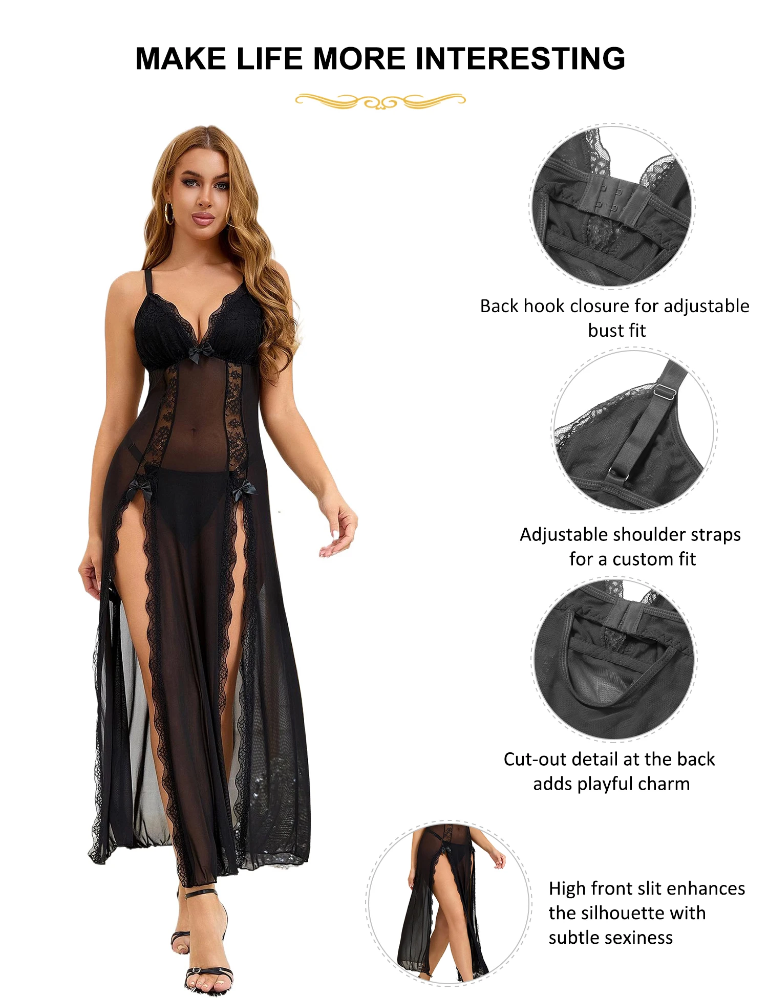 여성용 레이스 베이비돌 란제리, 시스루 섹시 허벅지까지 오는 슬릿 나이트드레스, 메쉬 롱 셔미즈 나이트웨어, 리본 장식 플러스 사이즈 란제리