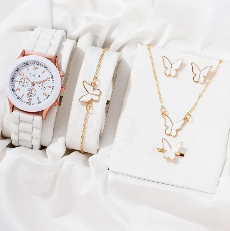 

Luxury Watch Women Necklace Earrings Bracelet Set Watches Butterfly Silicone Strap Ladies Quartz Wristwatch Bracelet No Box