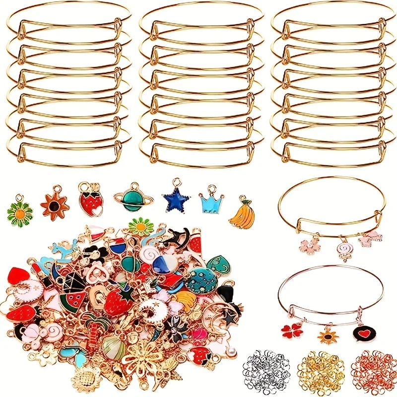 10PCS Expandable Blank Bracelets SET Adjustable Wire Bangles with 30PCS Enamel Charms, 50PCS Open Jump Rings for Jewelry Making