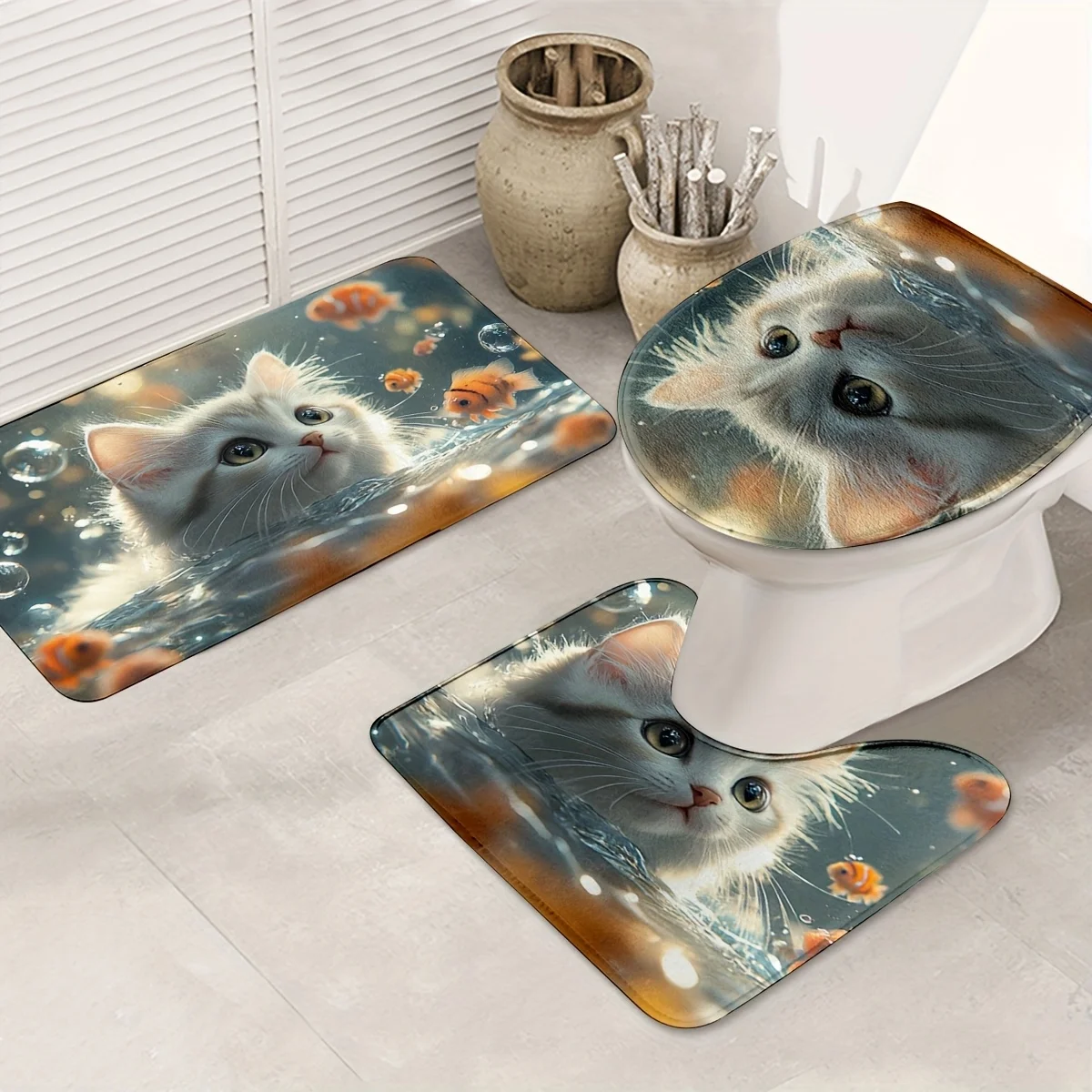 

Набор из 3 предметов с милыми кошачьими принтами, U-образные коврики, нескользящие коврики, чехлы на сиденья унитаза, подходят для украшения ванной комнаты.