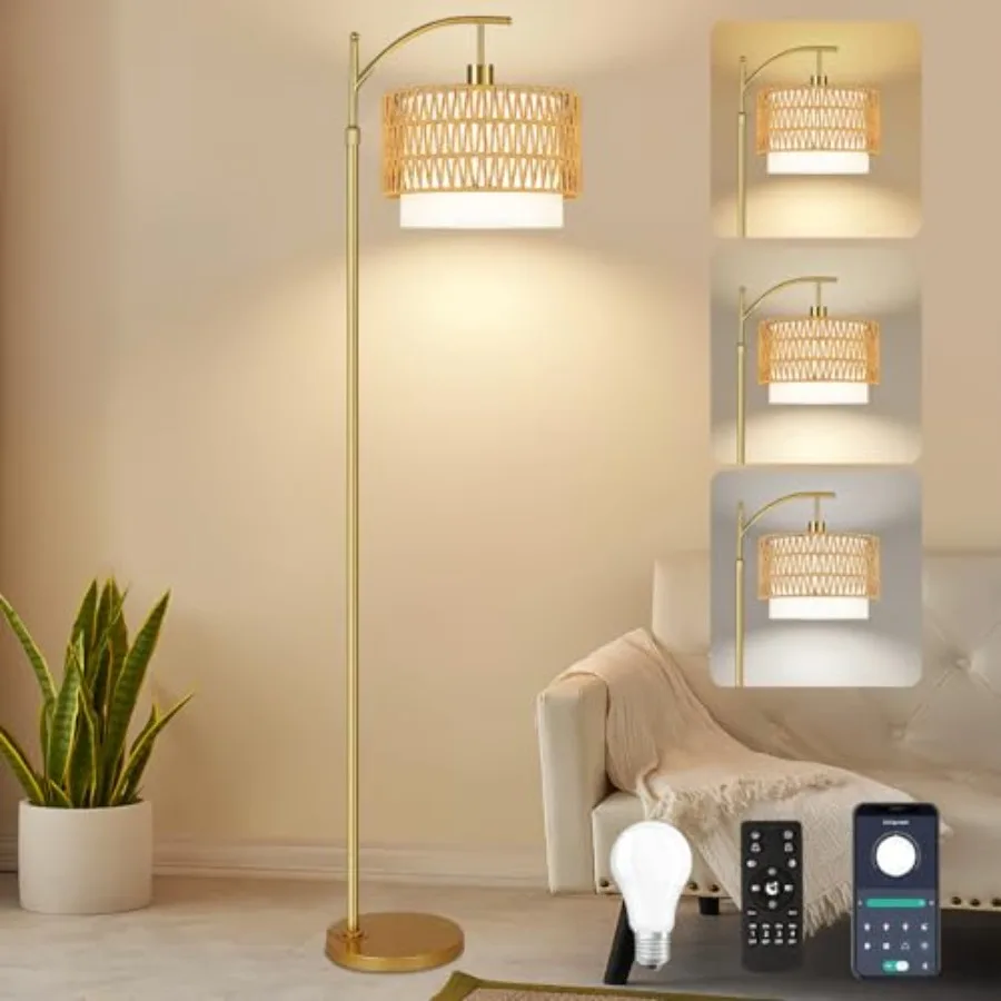 

Gold Floor Lamps for Living Room Rattan Boho Floor Lamp with Remote Control and 3 Color Temperature Dimmable Arc Floor Lamps Wi
