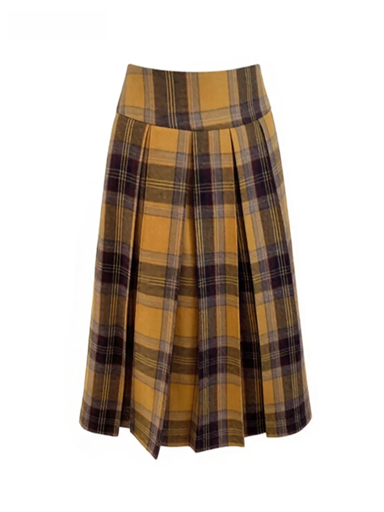

London Girl Retro Color Blo Plaid A-Line Skirt Winter New Ele Thien Woolen f-length Skirt High Waist Pleated Skirt