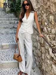 TRAFZA 2024 Women's Striped Trouser Set V-Neck Cotton and Linen Suit Vest Top + Wild Pocket Woman Wide Leg Long Pant Street TRAF