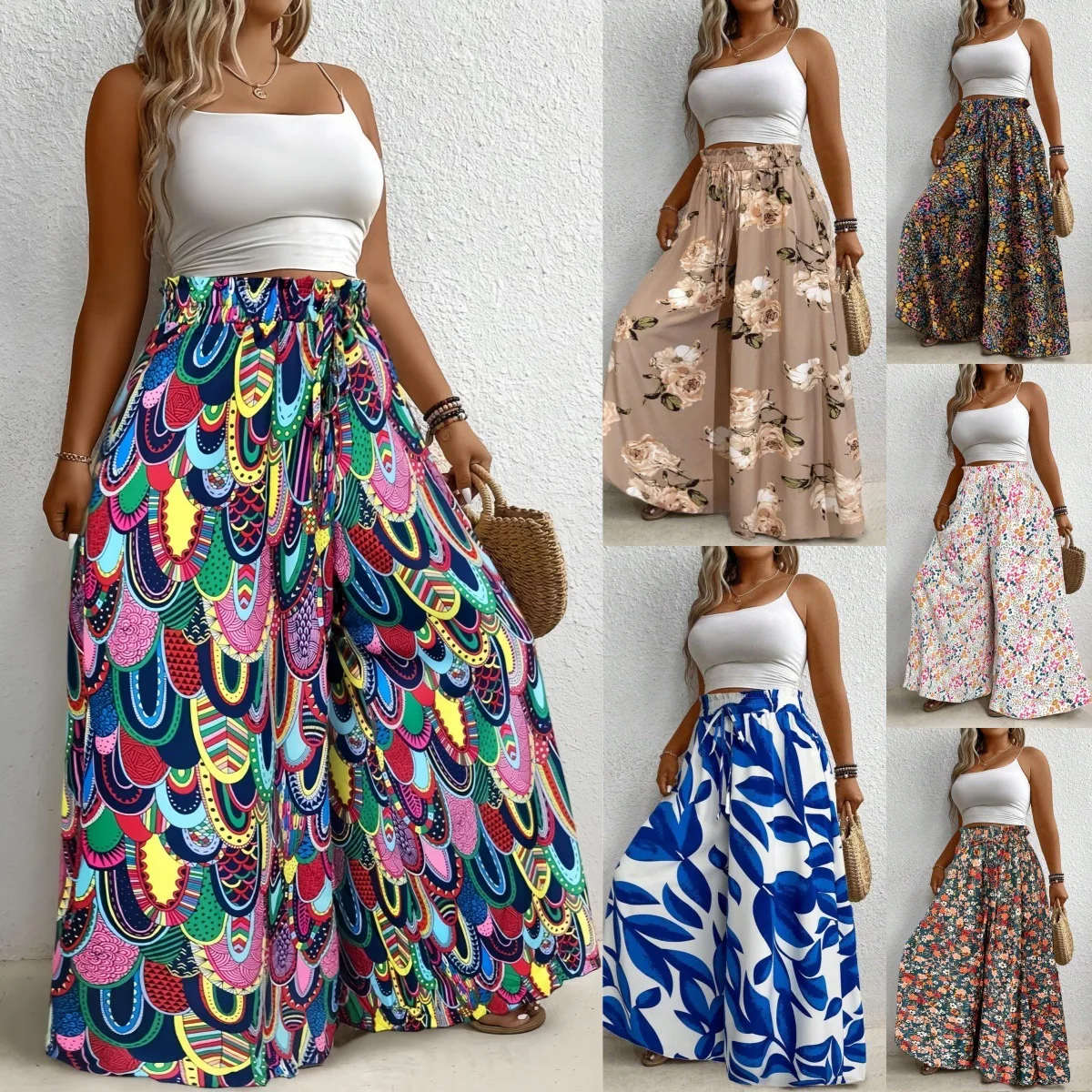 2025 السراويل النسائية الأوروبية والأمريكية البوهيمي ريشة طباعة عالية الخصر فضفاضة واسعة الساق بنطلون #1