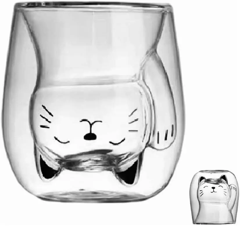 Cute Mug Cat Tea Double Wall Glass Coffee Mugs, Espresso Shot Glass, Milk Mug (200 ml/6.8 oz), Personal Birthday Gifts and  Gift