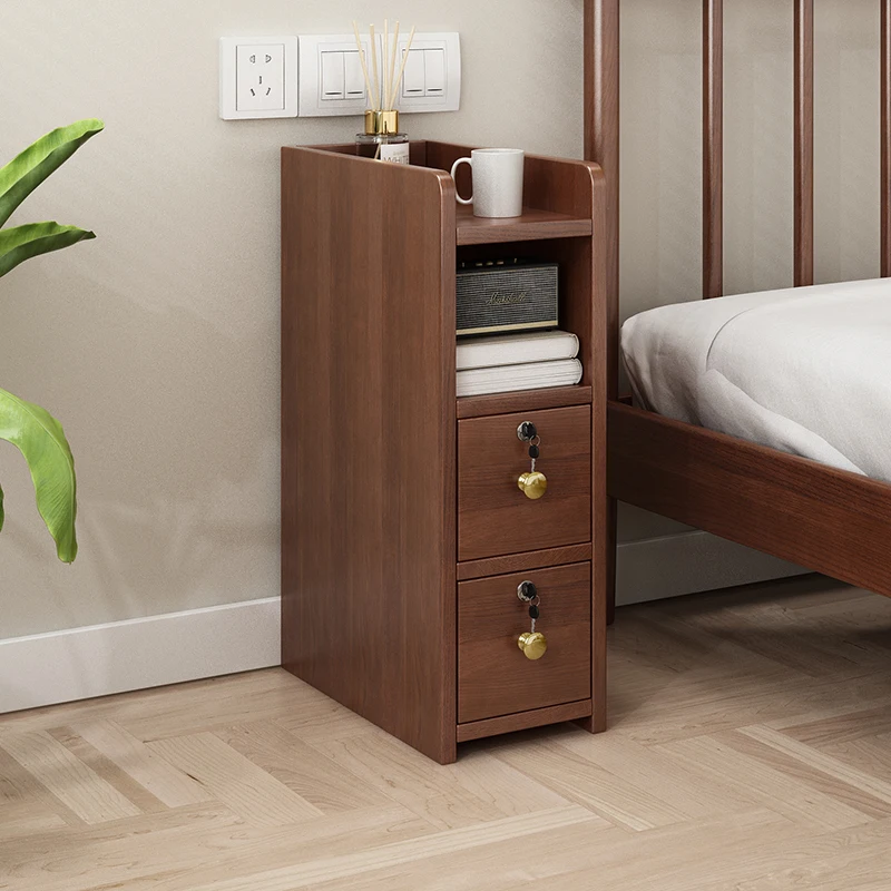 Solid Wood Locking Nightstand, Compact Slim Bedside Cabinet, Modern Minimalist Storage Organizer, Narrow Gap Bedroom Furniture