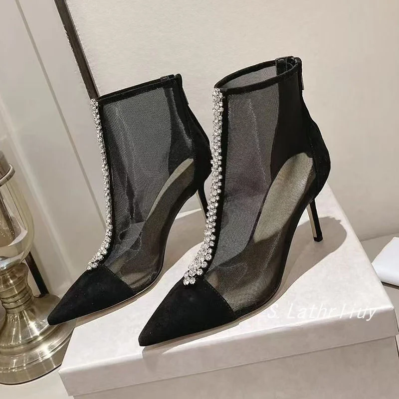 New Shining Rhinestone Thin High Heel Cool Boots Women's Lace Sexy Breathable Pointed Toe Modern Boots Summer Wedding Boots