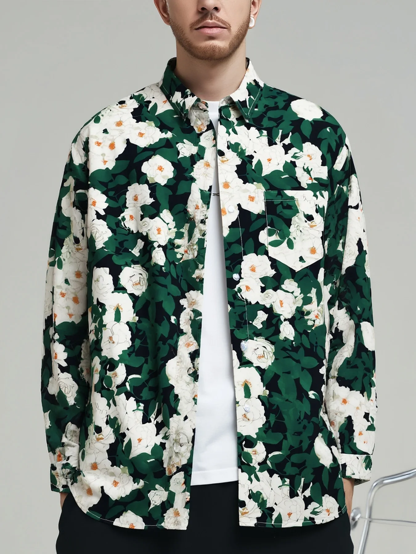 

Sycpman Retro Harajuku Style Floral Print Long Sleeved Shirts for Men Autumn Loose Casual Shirt Coat Couple Streetwear Clothing
