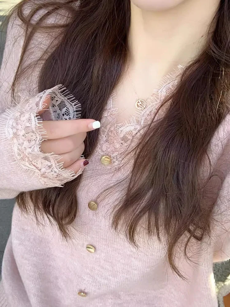 سترة نسائية من الدانتيل الوردي للخريف والشتاء، طبقة أساسية محبوكة ناعمة ومريحة، ملابس داخلية متعددة الاستخدامات، ملابس علوية للتنقل...