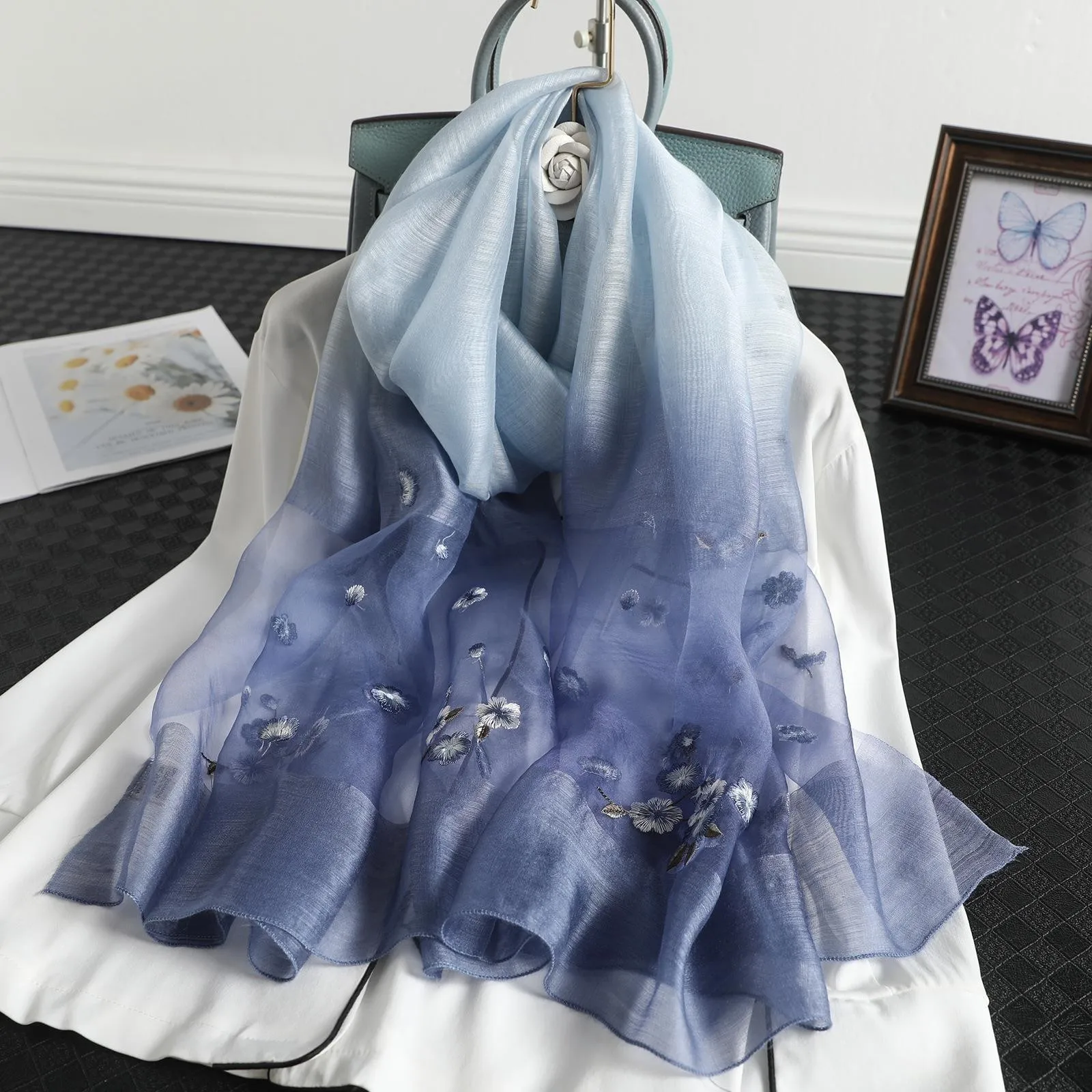 Spring and Autumn wool silk scarf women's mulberry silk embroidery gradual change scarf fashion sunscreen shawl women's
