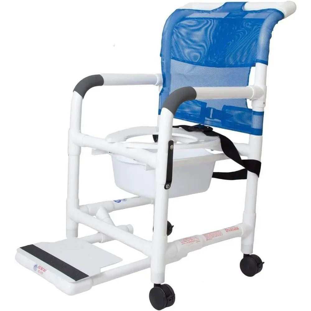 Rolling Shower Chair with Drop Arms, Mesh Seat, Locking Casters,  Slide Out Footrest and Commode Pail  Fits Over Standard Toilet