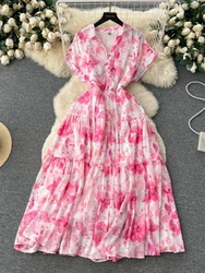 Women Elegant Chiffon Print Vacation Party A-line Dress Summer Flip Collar Single Breasted Short Sleeve High Waist A-line Robe