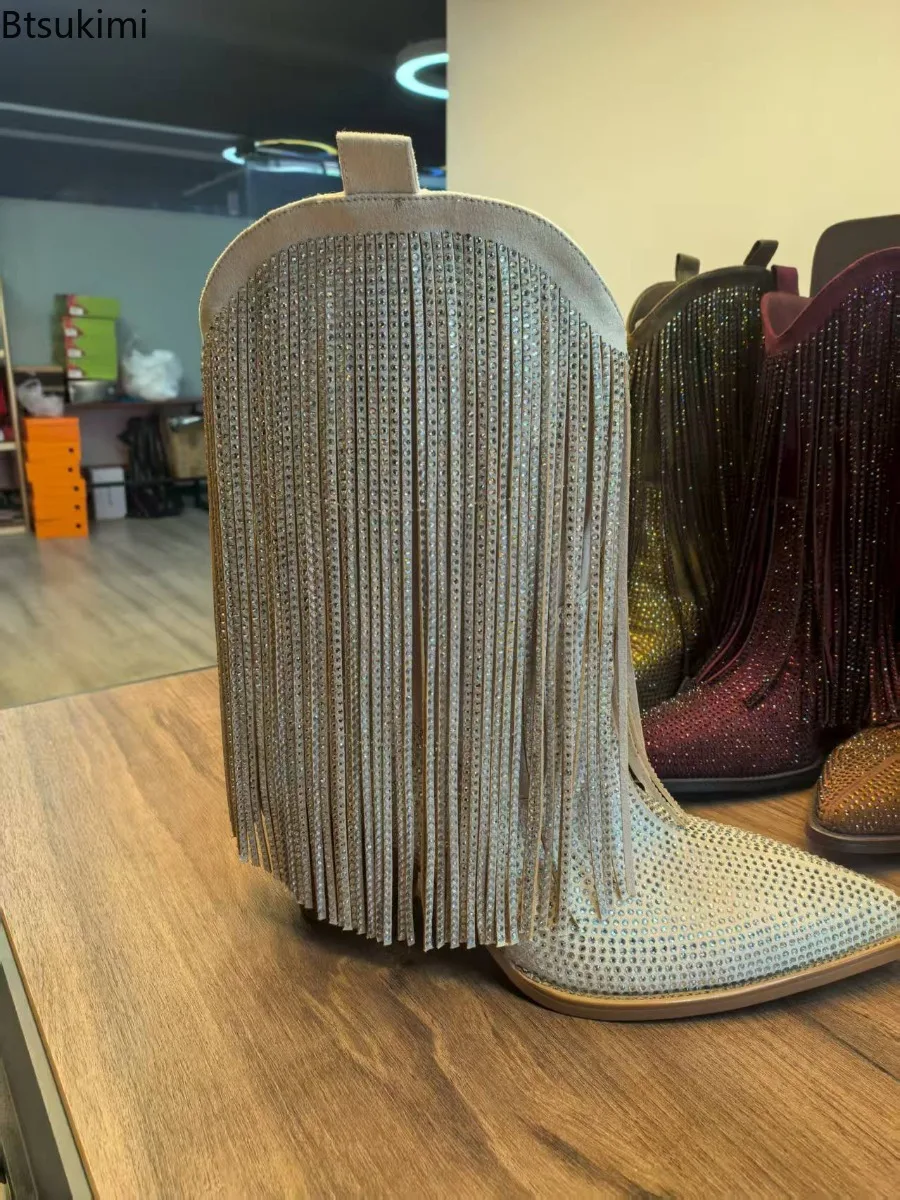 2025 Women's Bling Rhinestone Fringe Pointed Toe Mid-Calf Women Boots Chunky High Heels Slip on Design Fashion Show Shoes Ladies