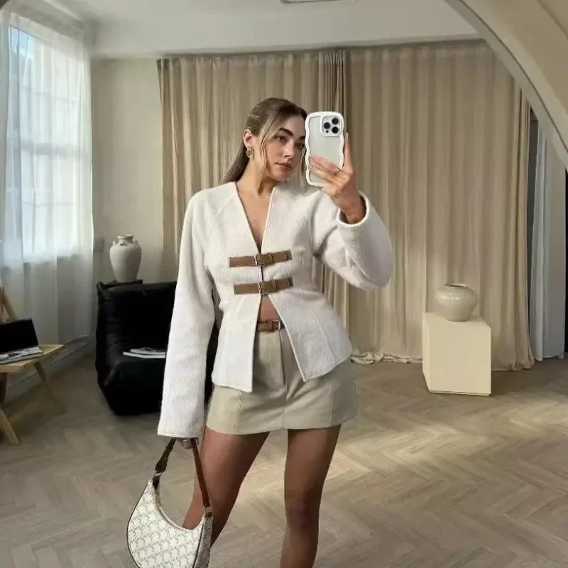 

Retro Leather Buckle Woolen Coat Women Fashion Solid V Neck Long Sleeve Beige Jacket Autumn Spring Chic Female Streetwear