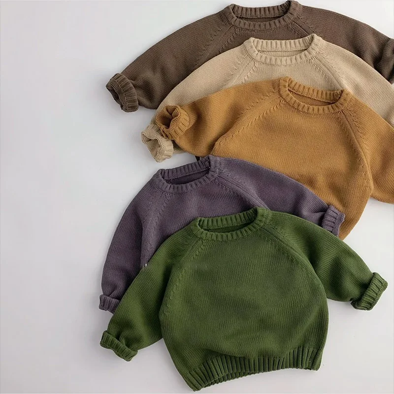 2024 New Pure Cotton Solid Kids Sweaters Vintage Boys Pullover Knitwear for 1-7 Years Toddler Girls Sweater Shirt Outwear