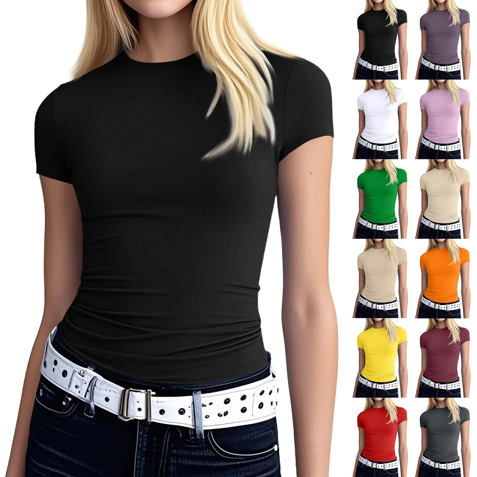 Donne Sexy Slim Fit Magliette e camicette Manica Corta Solido Sexy Tee Camicetta Slim Fit Stretto Crop-Top T Shirt Vestiti Per Le Donne Top Mujer Traf